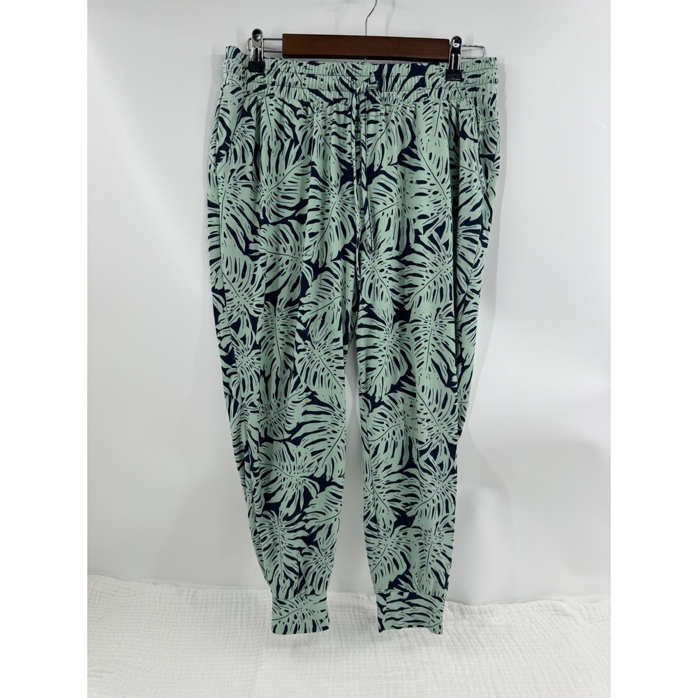 AnyBody Jogger Pants Small Petite Green Tropical Leaf Print Elastic Waist